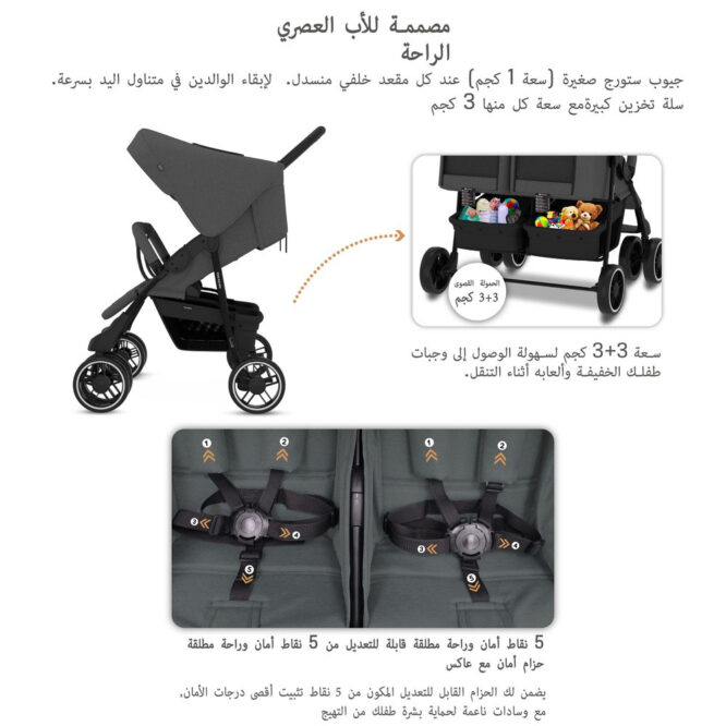 Neobreez DUADX Twin Stroller (0-3Yrs) Max 30kg - Dark Gray