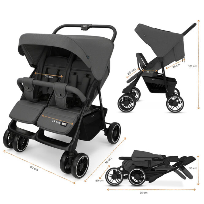Neobreez DUADX Twin Stroller (0-3Yrs) Max 30kg - Dark Gray