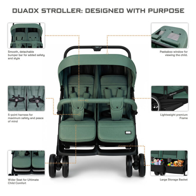 Neobreez DUADX Twin Stroller (0-3Yrs) Max 30kg - Green