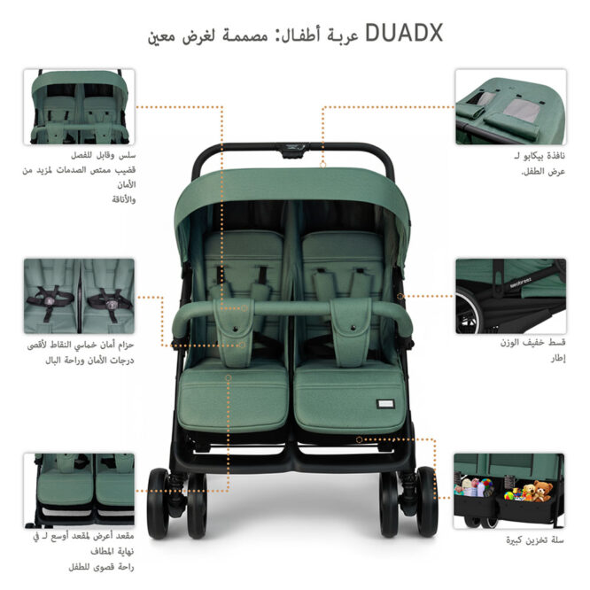 Neobreez DUADX Twin Stroller (0-3Yrs) Max 30kg - Green