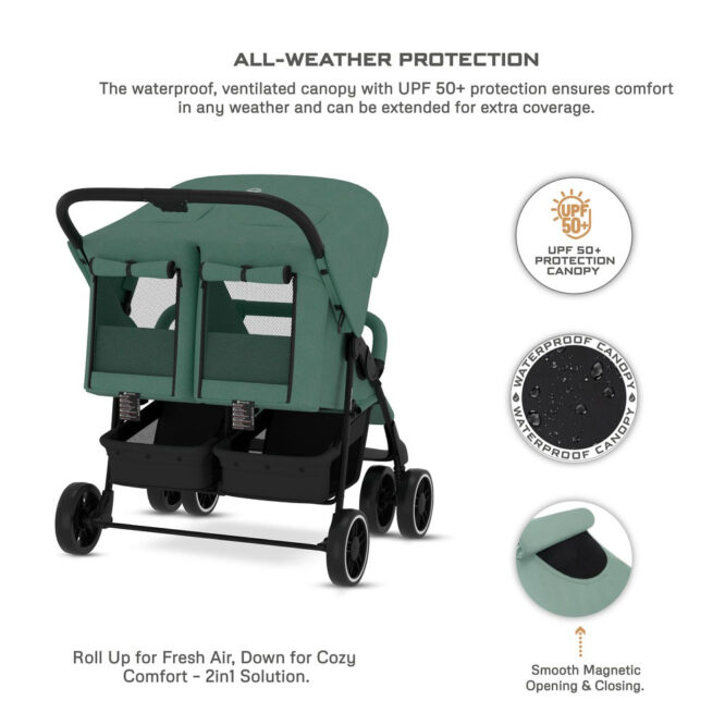 Neobreez DUADX Twin Stroller (0-3Yrs) Max 30kg - Green