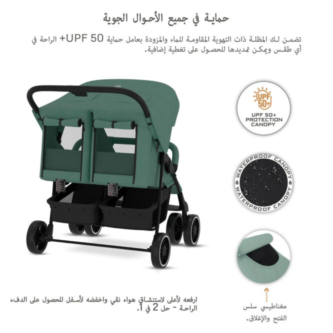 Neobreez DUADX Twin Stroller (0-3Yrs) Max 30kg - Green