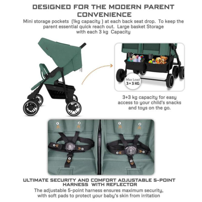 Neobreez DUADX Twin Stroller (0-3Yrs) Max 30kg - Green