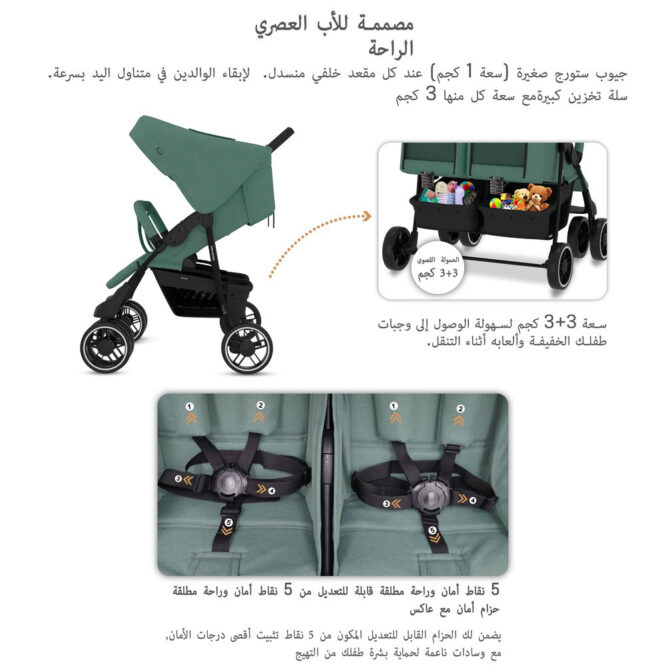 Neobreez DUADX Twin Stroller (0-3Yrs) Max 30kg - Green