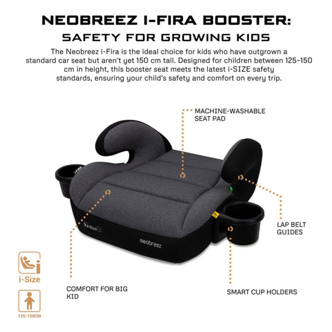 Neobreez i-FIRA i-Size Car Seat Booster (6-12Yrs) Max 36kg - Dark Gray/Black