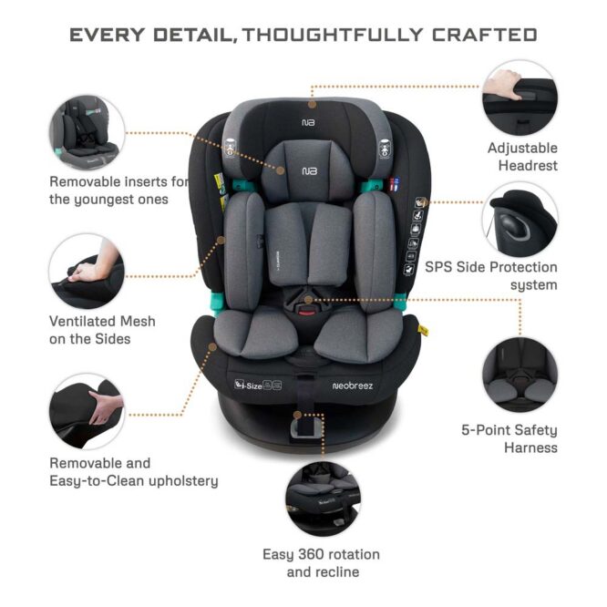 Neobreez i-GAURDIA 360° i-Size Car Seat (0-12Yrs) Max 36kg - Black/Gray