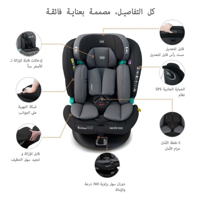 Neobreez i-GAURDIA 360° i-Size Car Seat (0-12Yrs) Max 36kg - Black/Gray