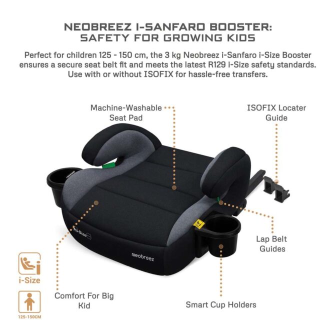 Neobreez i-Sanfaro i-Size Car Seat Booster (6-12Yrs) Max 36kg - Black/Dark Gray