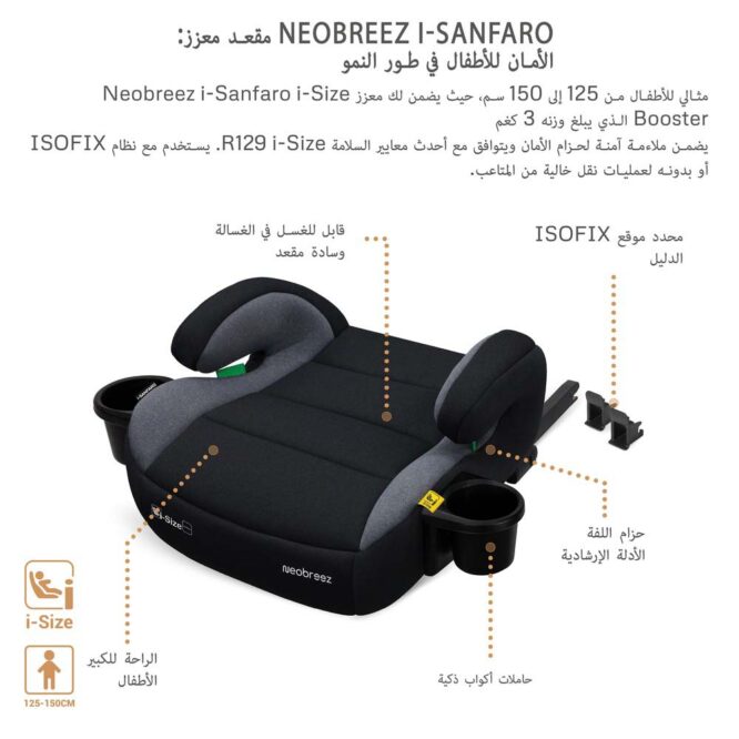 Neobreez i-Sanfaro i-Size Car Seat Booster (6-12Yrs) Max 36kg - Black/Dark Gray