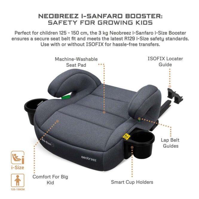 Neobreez i-Sanfaro i-Size Car Seat Booster (6-12Yrs) Max 36kg - Dark Gray