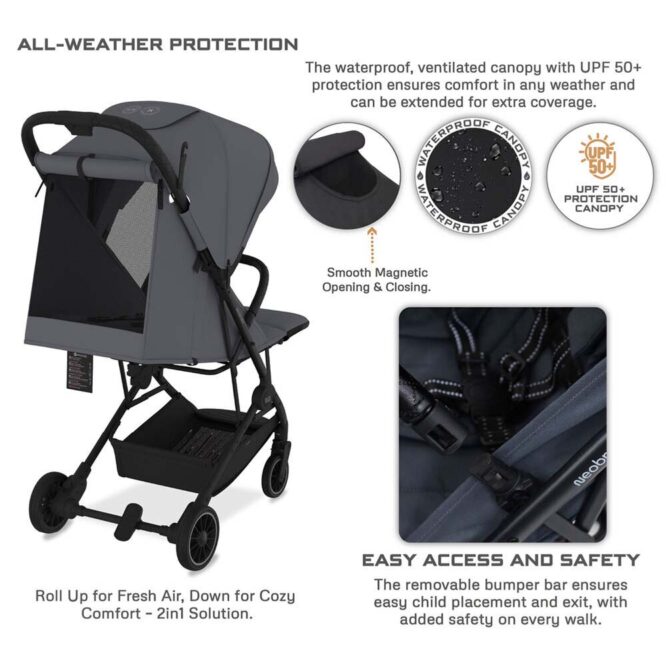 Neobreez Litex Compact Stroller (0-3Yrs) Max 15kg - Black Gray