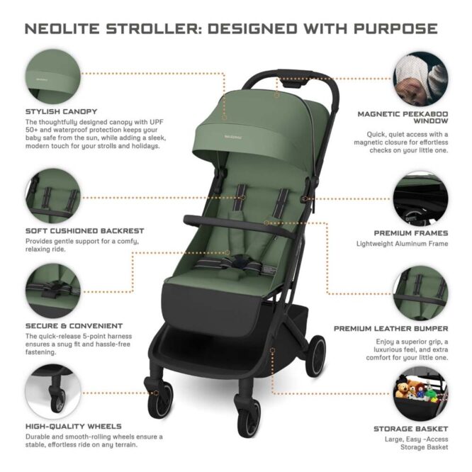 Neobreez NEOLITE Compact Stroller (0-4Yrs) Max 22kg - Olive Green