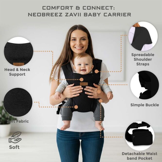 Neobreez ZAVII 2-In-1 Baby Carrier (0m+) Up to 3.5-12kg - Black