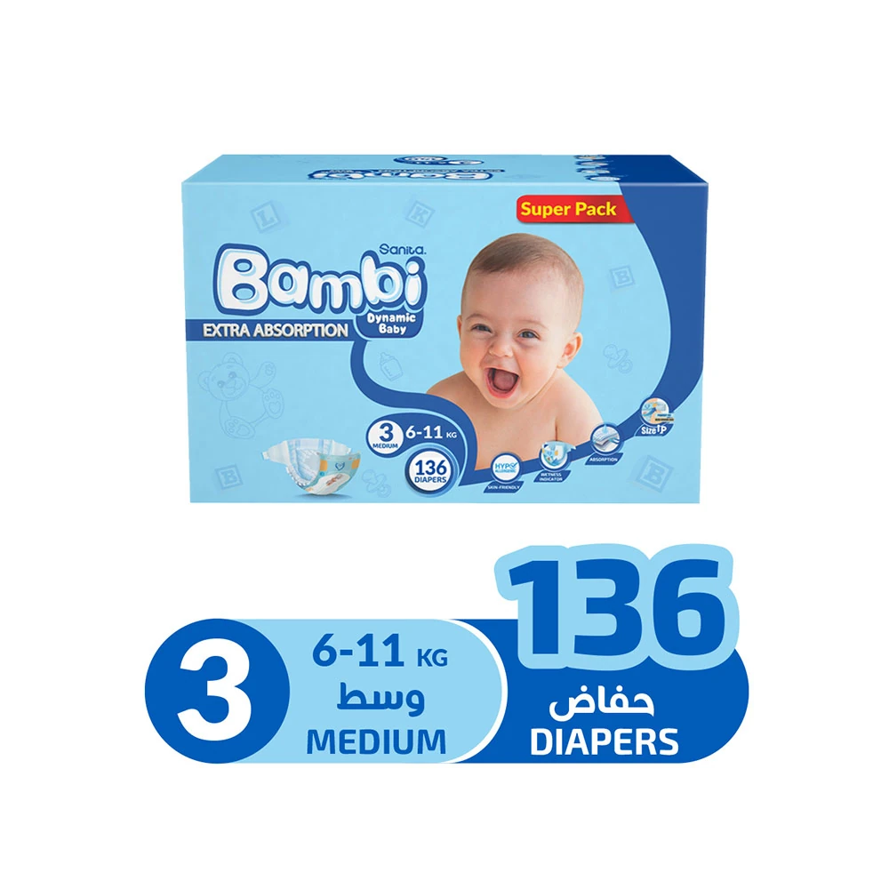 Sanita Bambi Extra Absorption Diapers Size 3 Medium (6-11kg) 136 Diapers | Super Pack