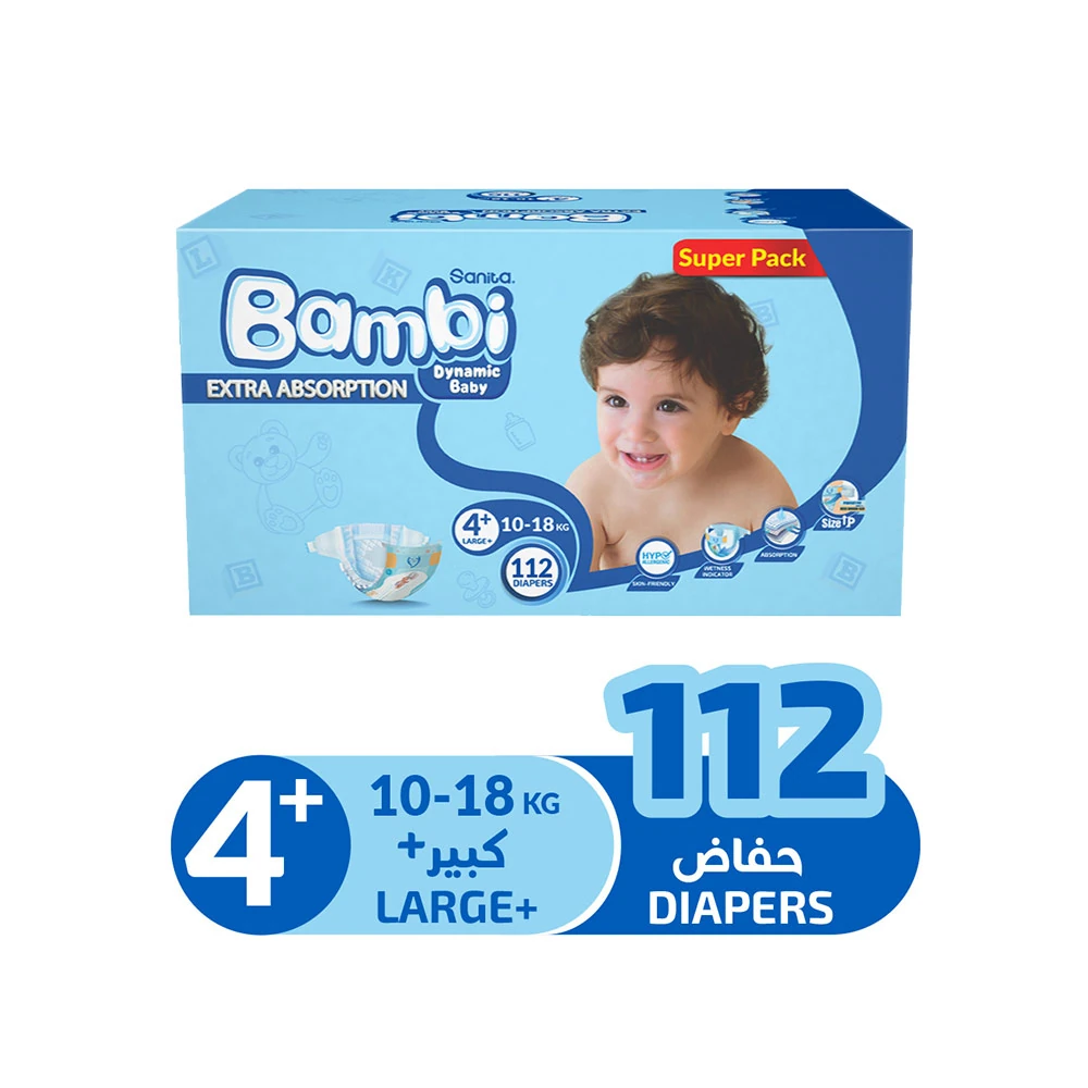 Sanita Bambi Extra Absorption Diapers Size 4+ Large Plus (10-18kg) 112 Diapers | Super Pack