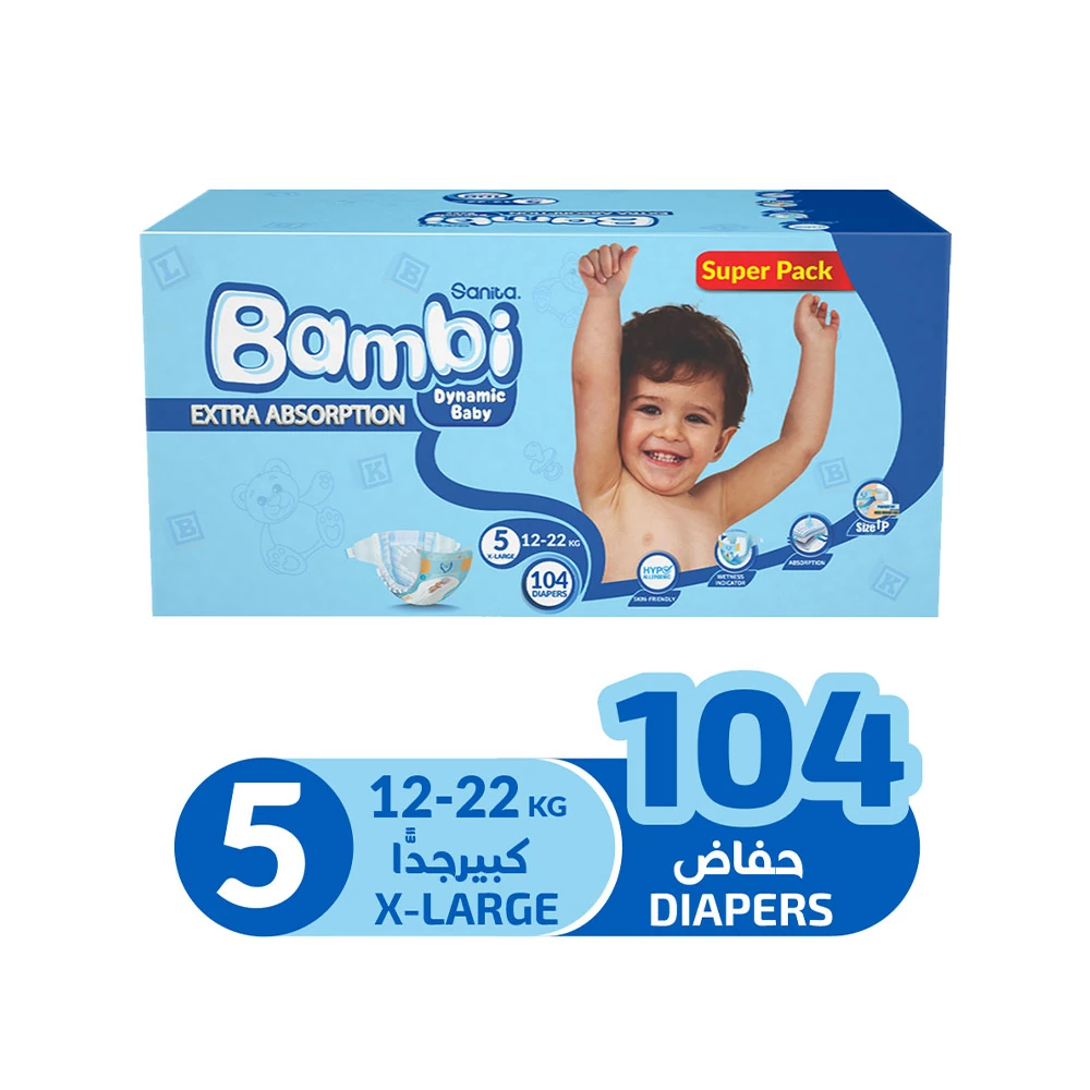 Sanita Bambi Extra Absorption Diapers Size 5 XL (12-22kg) 104 Diapers | Super Pack
